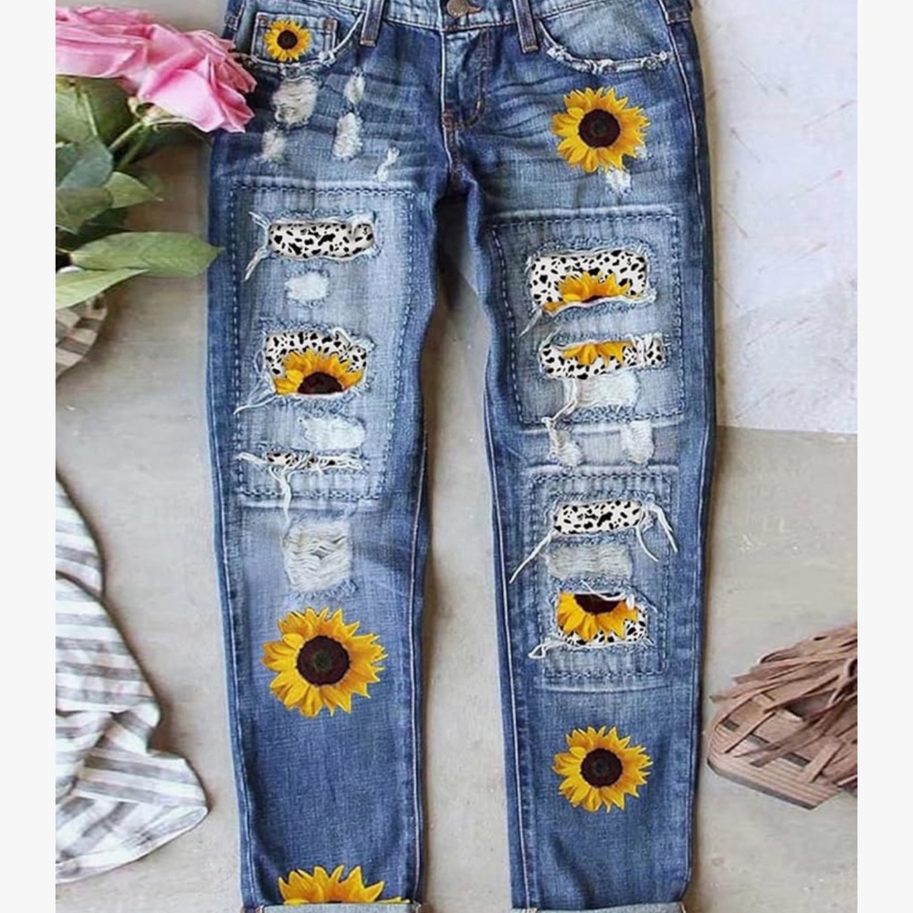 Sunflower Embroidered Blue Jeans